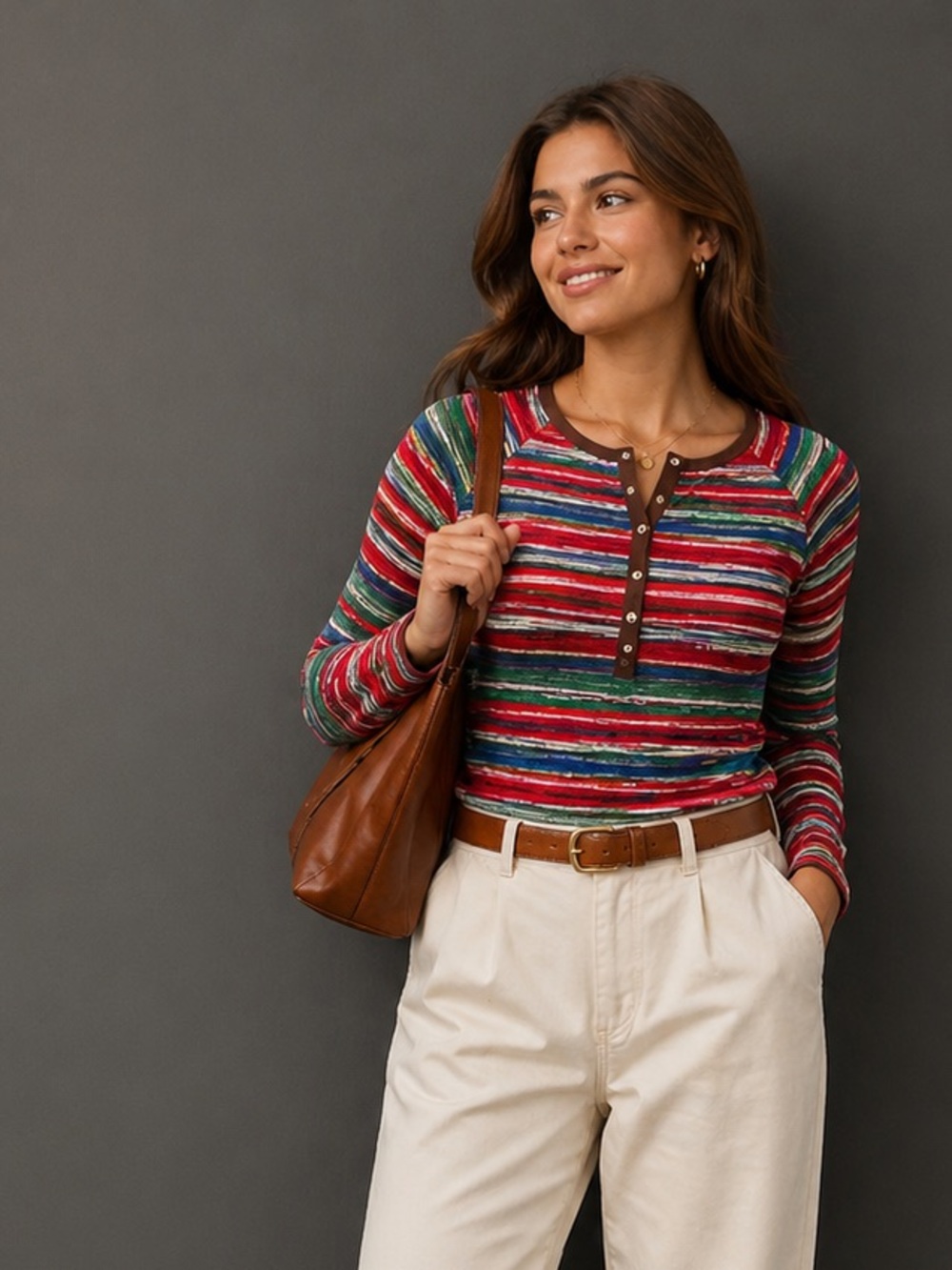LAUREN RALPH LAUREN Red Multicolored Striped Long Sleeve Waffle knit Shirt